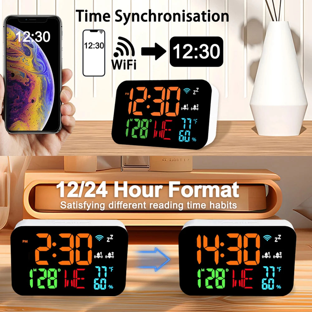 WiFi Desktop Clock & Calendar – Smart Thermometer & Hygrometer with LED Display – Auto Calibration & WiFi Support
