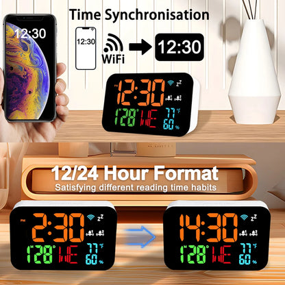 WiFi Desktop Clock & Calendar – Smart Thermometer & Hygrometer with LED Display – Auto Calibration & WiFi Support