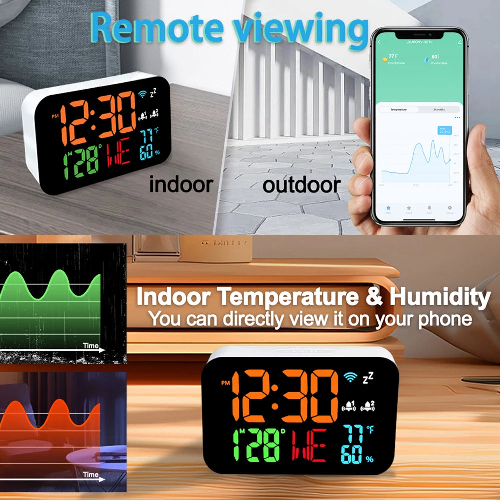 WiFi Desktop Clock & Calendar – Smart Thermometer & Hygrometer with LED Display – Auto Calibration & WiFi Support