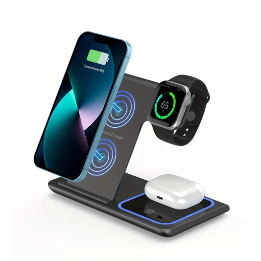 Portable Wireless 3-in-1 Charger, 15W Foldable Wireless Fast Charging Stand, For IPhone 15/14/13/12 Pro Max, IWatch9/8/7/6