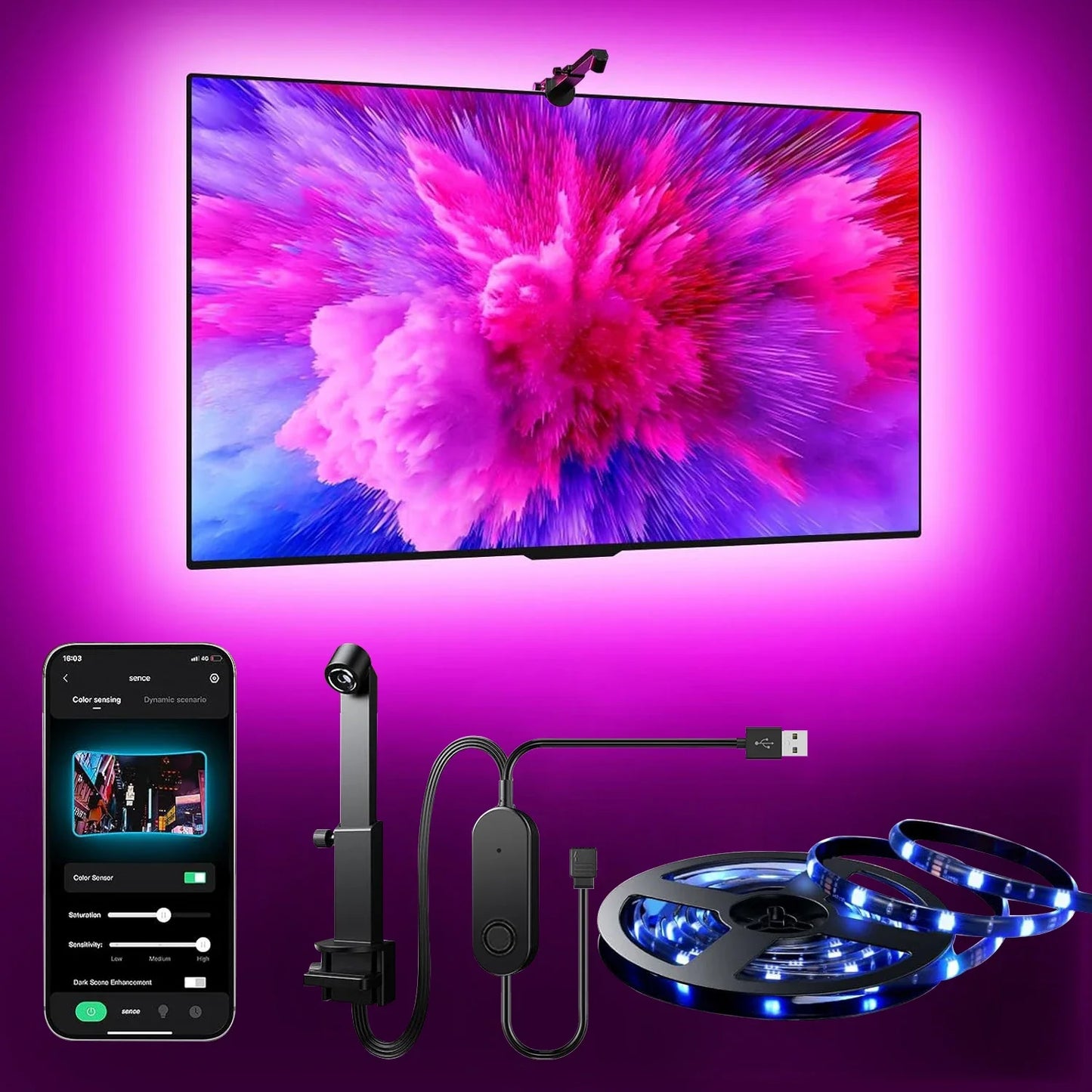 RGBIC LED Backlight Strip for PC/TV – Smart Color-Picking, App Control, Music Sync – Ambient Gaming Light