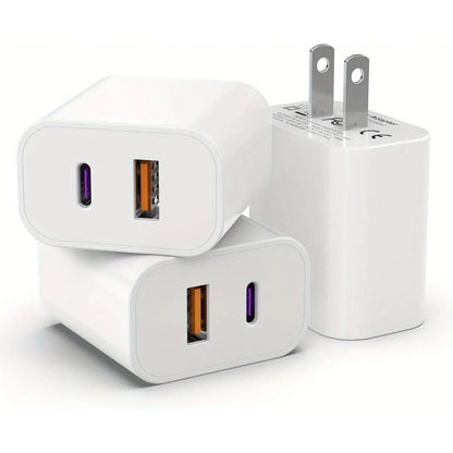 3-Pack 20W Dual Port Charger – USB C PD 3.0 + QC Fast Charging Block for iPhone 15/14/13, iPad & Android Devices