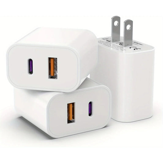 3-Pack 20W Dual Port Charger – USB C PD 3.0 + QC Fast Charging Block for iPhone 15/14/13, iPad & Android Devices