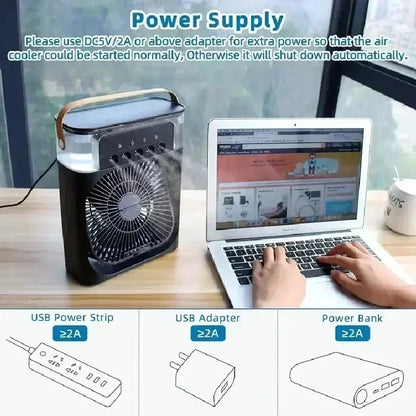 3-in-1 Portable Air Cooler – Mini AC, Humidifier & LED Night Light, 3 Speeds with 7-Color Mood Lighting – for Home, Office, Travel