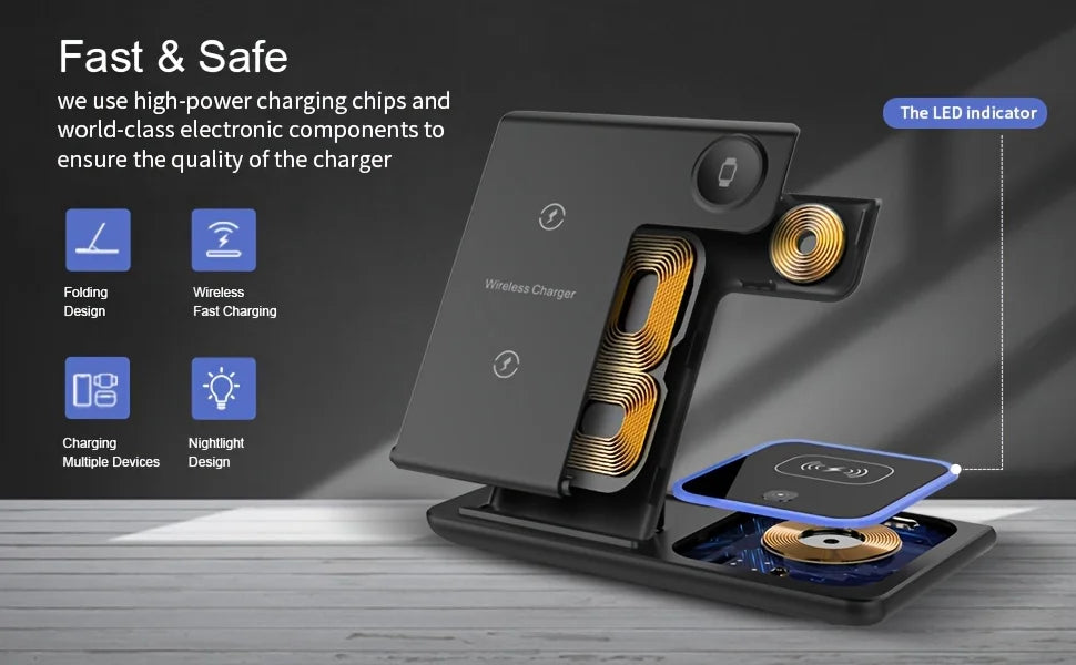 Portable Wireless 3-in-1 Charger, 15W Foldable Wireless Fast Charging Stand, For IPhone 15/14/13/12 Pro Max, IWatch9/8/7/6