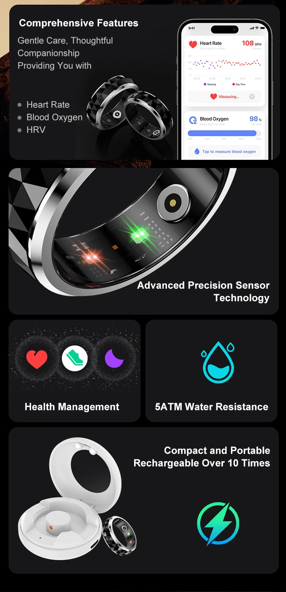 COLMI R11 Smart Ring – Fidget Spinner Stress Relief Ring with Health Tracking, 5ATM Waterproof, 60-Day Battery – Sleep/HR/SpO2 Monitor for Men & Women