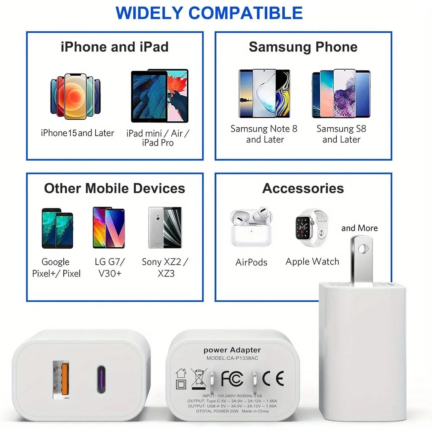 3-Pack 20W Dual Port Charger – USB C PD 3.0 + QC Fast Charging Block for iPhone 15/14/13, iPad & Android Devices