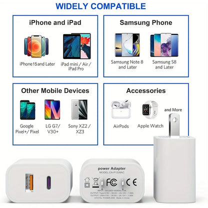 3-Pack 20W Dual Port Charger – USB C PD 3.0 + QC Fast Charging Block for iPhone 15/14/13, iPad & Android Devices