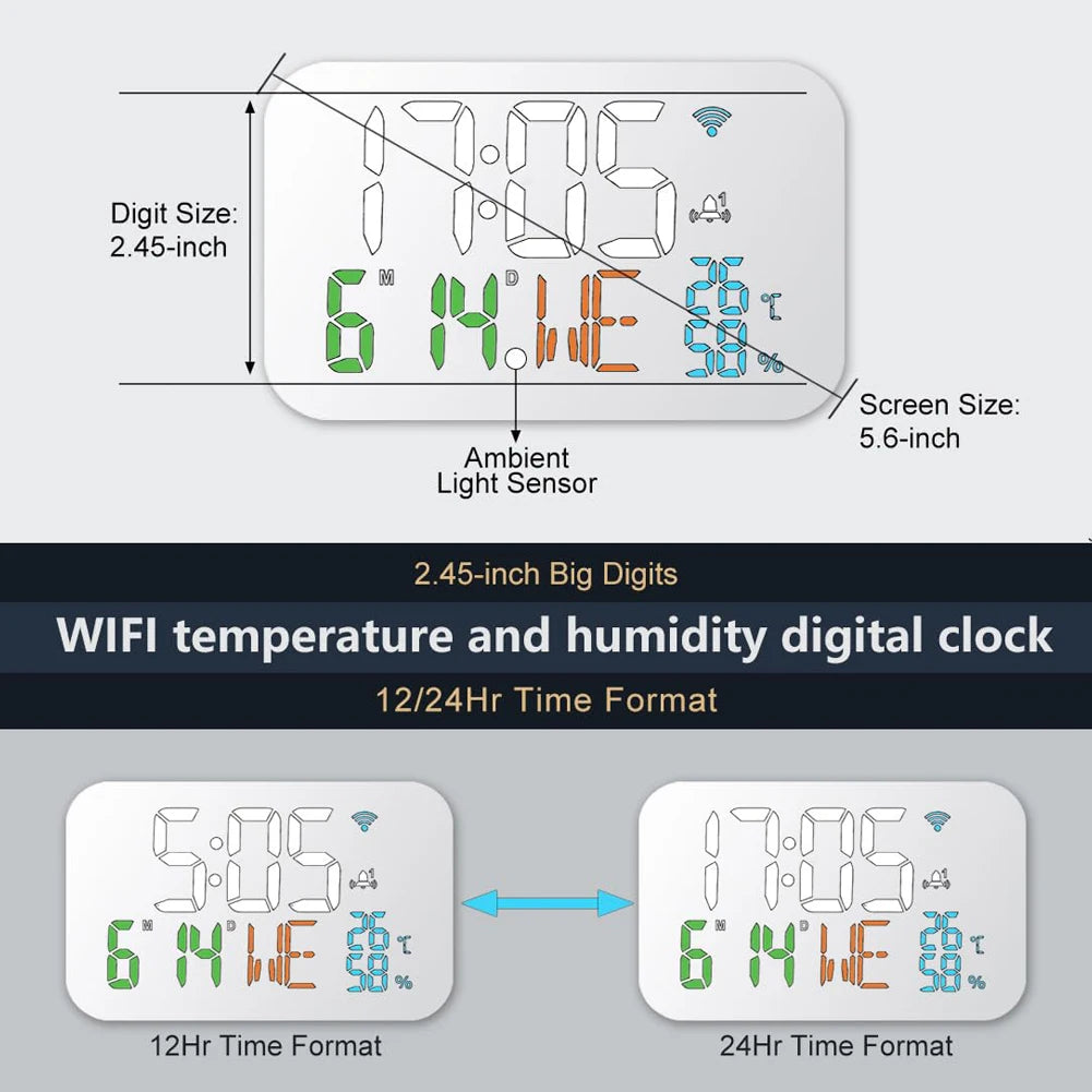 WiFi Desktop Clock & Calendar – Smart Thermometer & Hygrometer with LED Display – Auto Calibration & WiFi Support
