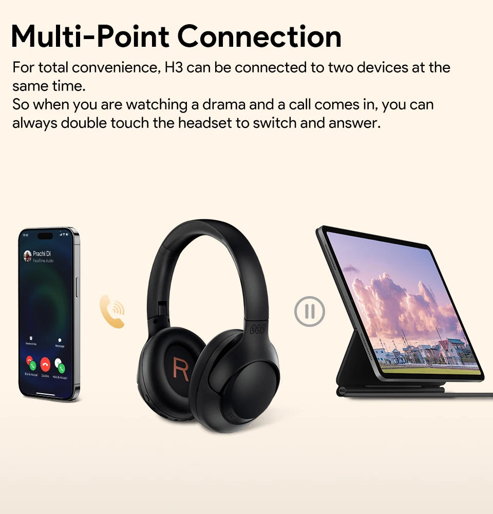 QCY H3 Hybrid ANC Wireless Headphones – 43dB Noise Cancelling Over-Ear Headset with 60H Playtime, Hi-Res Audio & Bluetooth 5.