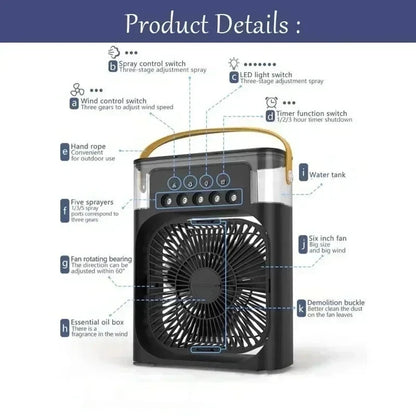 3-in-1 Portable Air Cooler – Mini AC, Humidifier & LED Night Light, 3 Speeds with 7-Color Mood Lighting – for Home, Office, Travel