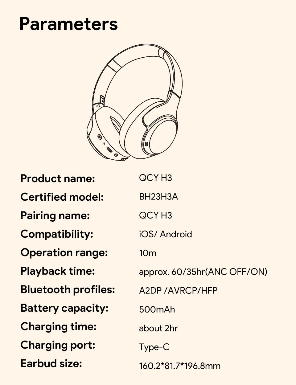 QCY H3 Hybrid ANC Wireless Headphones – 43dB Noise Cancelling Over-Ear Headset with 60H Playtime, Hi-Res Audio & Bluetooth 5.