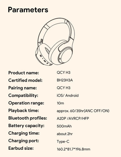 QCY H3 Hybrid ANC Wireless Headphones – 43dB Noise Cancelling Over-Ear Headset with 60H Playtime, Hi-Res Audio & Bluetooth 5.