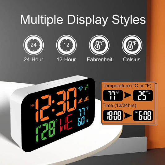 WiFi Desktop Clock & Calendar – Smart Thermometer & Hygrometer with LED Display – Auto Calibration & WiFi Support
