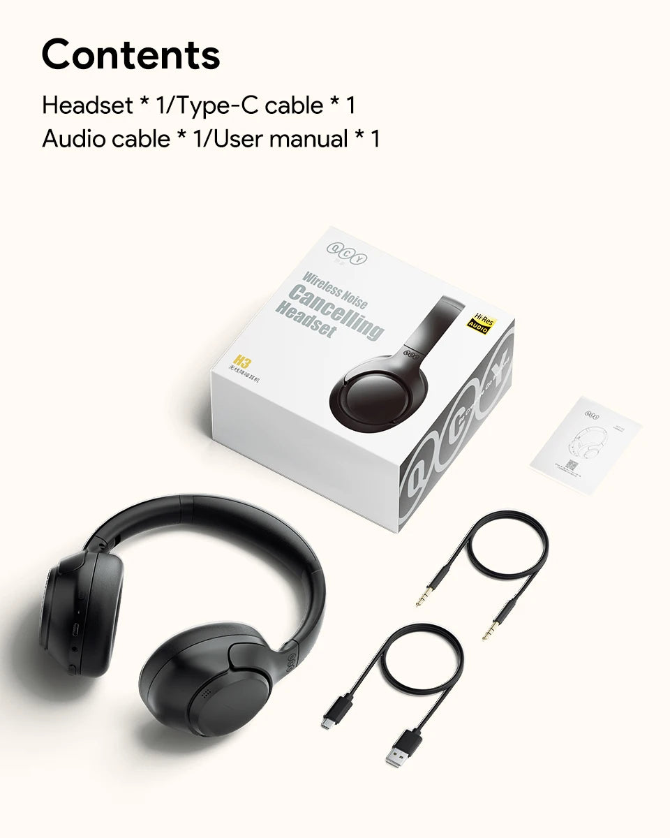 QCY H3 Hybrid ANC Wireless Headphones – 43dB Noise Cancelling Over-Ear Headset with 60H Playtime, Hi-Res Audio & Bluetooth 5.