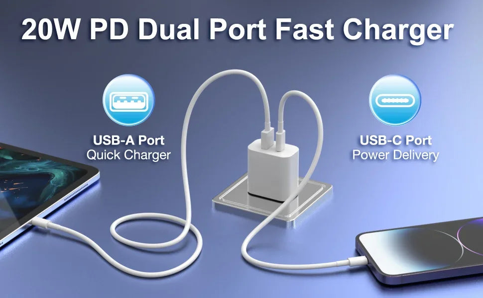 3-Pack 20W Dual Port Charger – USB C PD 3.0 + QC Fast Charging Block for iPhone 15/14/13, iPad & Android Devices