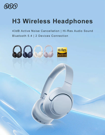 QCY H3 Hybrid ANC Wireless Headphones – 43dB Noise Cancelling Over-Ear Headset with 60H Playtime, Hi-Res Audio & Bluetooth 5.