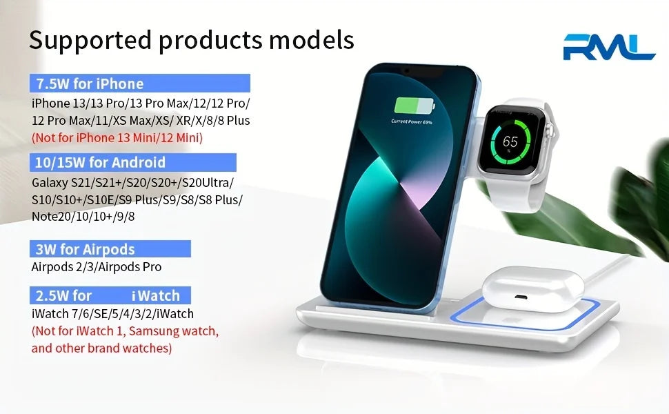 Portable Wireless 3-in-1 Charger, 15W Foldable Wireless Fast Charging Stand, For IPhone 15/14/13/12 Pro Max, IWatch9/8/7/6