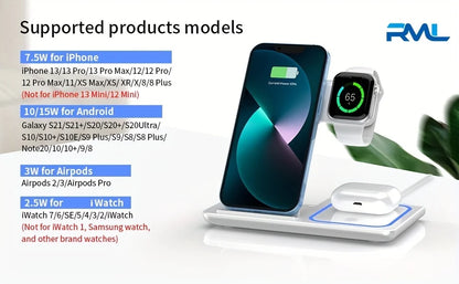 Portable Wireless 3-in-1 Charger, 15W Foldable Wireless Fast Charging Stand, For IPhone 15/14/13/12 Pro Max, IWatch9/8/7/6